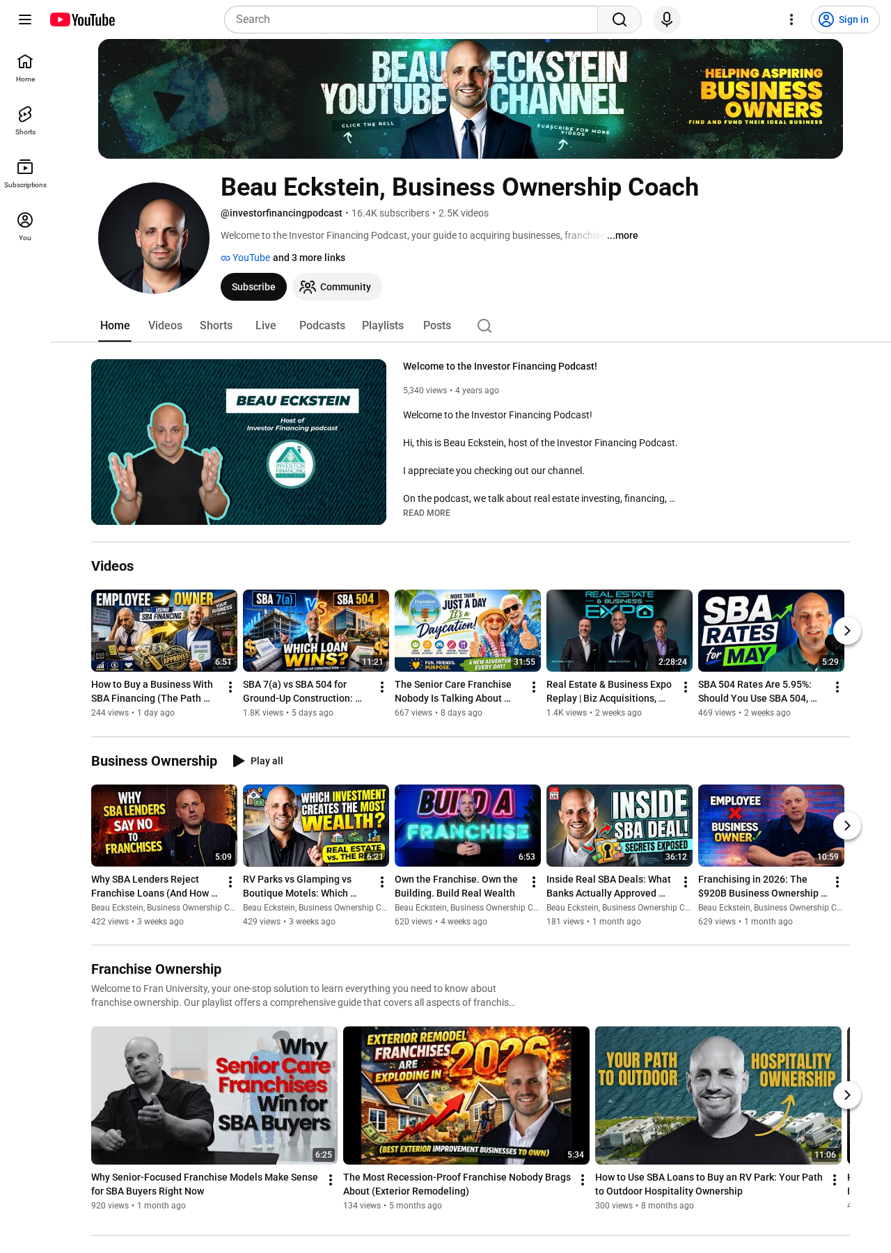Beau Eckstein's Investor Financing Podcast YouTube Channel